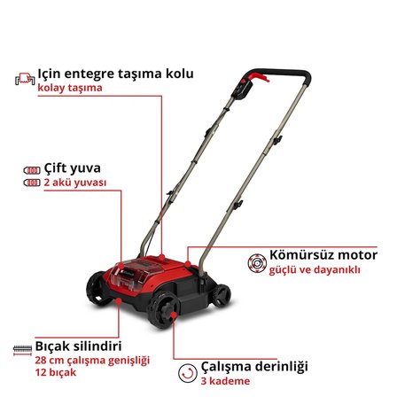 Einhell GC-SC 18/28 DS Li-Solo PXC Akülü Çim Havalandırma (18 V, 28 cm çalışma genişliği, Kömürsüz, 12 bıçaklı havalandırma silindiri, Double Slot, akü ve aksesuar dahil değildir) - 3420625