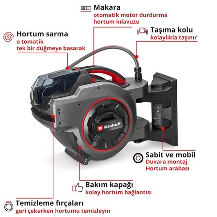 Einhell GE-HR 18/30-1 WH Li-Solo Akülü Hortum Makarası (18 V, otomatik hortum sarma, 180° dönebilen yapı, duvar aparatı, 1.5 m bağlantı hortumu, akü ve hortum dahil değildir) - 4173774