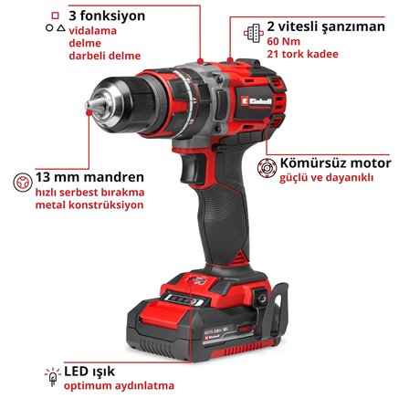 Einhell Profesyonel Akülü Darbeli Vidalama TP-CD 18/60 Li-i BL (1x 2.0 Ah) (18 V, Kömürsüz, 60 Nm, darbeli delme fonksiyonu, 13 mm mandren, 2 vites, 1 adet 2.0 Ah akü ve şarj cihazı dahil) - 4514211