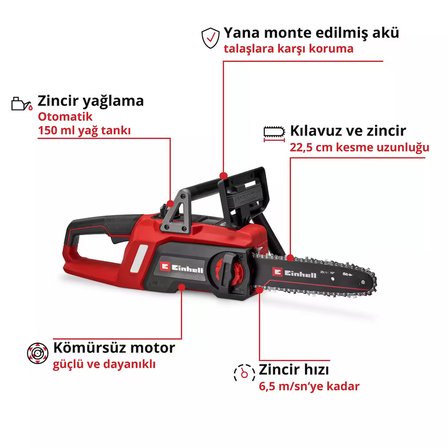 Einhell GE-LC 18/25 Li BL-Solo Power X-Change Kömürsüz Akülü Ağaç Kesme (18 V, 22.5 cm kesim uzunluğu, Kömürsüz, 6.5 m/s zincir hızı, otomatik zincir yağlama, akü dahil değildir) - 4600070