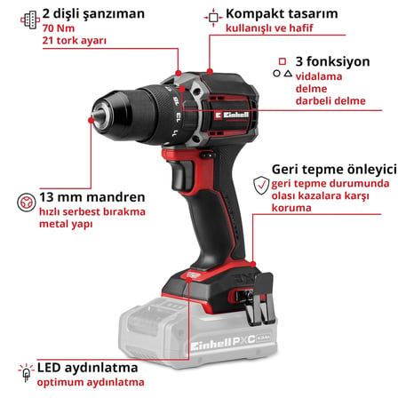Einhell Profesyonel Darbeli Akülü Vidalama TP-CD 18/70-C Li-i BL - Solo Power X-Change (18 V, Kömürsüz, 70 Nm, geri tepme koruması, 13 mm mandren, 2 vites, akü dahil değildir) - 4514340