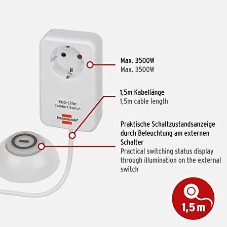 Brennenstuhl Eco-Line 1,5 Metre Uzatmaya Sahip Kumandalı Ip20 Lisanslı Tekli Priz