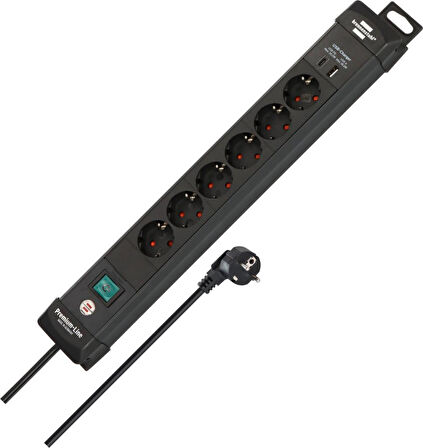 Brennenstuhl Premium-Line Serisi 6 Soketli USB-C 30W ve USB 18W Şarj Destekli 5 Yıl Garantili 3 Metre Uzatma Kablolu Priz