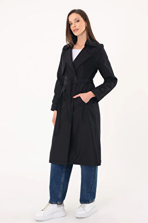 Kadın Kruvaze Yaka Siyah Trençkot