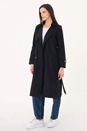 Kadın Kruvaze Yaka Siyah Trençkot