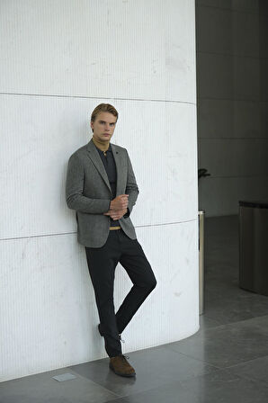 Gri Erkek Yün Ceket Mono Yaka Slim Fit Çift Yırtmaçlı Ceket NCS JEANS 4007