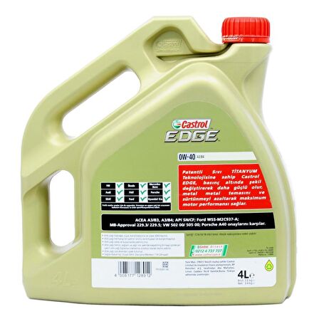 Castrol Edge Titanium 0W-40 4 Lt Tam Sentetik Motor Yağı