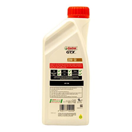 Castrol GTX 20W-50 1 Litre Sentetik Motor Yağı