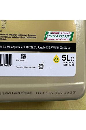 Castrol Edge Titanyum 5w30 LL Tam Sentetik Dpf Motor Yağı 5 Lt Yeni Ambalaj Üretim Tarihi 18-09-2023