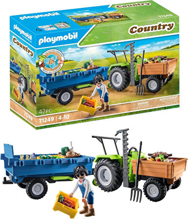 Playmobil Country 71249 Römorklu Traktör, Taşıma Kutuları Dahil, Organik Çiftlik İçin Yeşil Traktör, 4 Yaşından Büyük Çocuklar İçin Sürdürülebilir Oyuncak