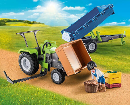Playmobil Country 71249 Römorklu Traktör, Taşıma Kutuları Dahil, Organik Çiftlik İçin Yeşil Traktör, 4 Yaşından Büyük Çocuklar İçin Sürdürülebilir Oyuncak