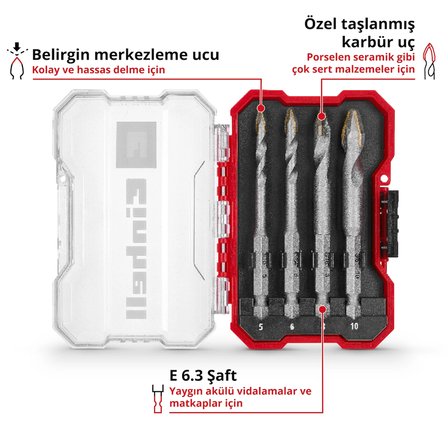 Orijinal Einhell XS-CASE 4 Parça Karbür Fayans Matkap Ucu Seti (Takım Çeliğinden Üretilmiştir, Özel Taşlanmış Karbür Plaka, Merkezleme Ucu, E 6.3 Sap, Saklama Kutusu Dahil) - 49051404