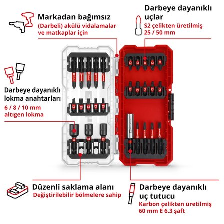 Orijinal Einhell S-CASE 28 parça darbeye dayanıklı bits uç seti (25 mm uçlar, 50 mm uçlar, 60 mm uç tutucu, lokmalar dahil saklama kutusu) - 49108703