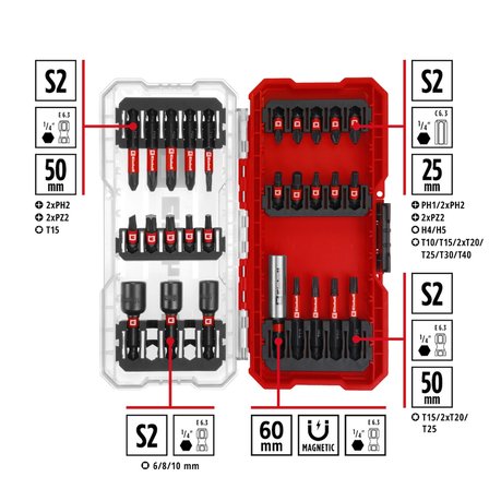 Orijinal Einhell S-CASE 28 parça darbeye dayanıklı bits uç seti (25 mm uçlar, 50 mm uçlar, 60 mm uç tutucu, lokmalar dahil saklama kutusu) - 49108703