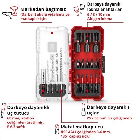 Orijinal Einhell S-CASE 18 parça Vidalama Ucu Seti (25 mm bitler, 50 mm bitler, 60 mm bit tutucu, lokma adaptörü, metal delme ucu ve saklama kutusu dahil) - 49108709