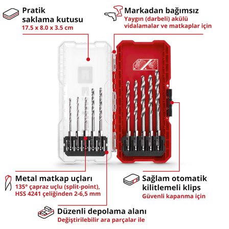 Orijinal Einhell S-CASE 10 parça metal matkap ucu seti (HSS 4241 çelikten yapılmış, E 6.3 sap, 135° bölünmüş nokta uç, rulo halinde haddelenmiş N tipi spiral, saklama kutusu dahil)- 49108723