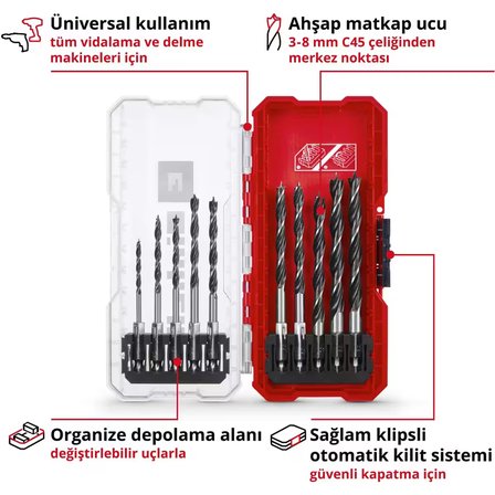 Orijinal Einhell 10 adet ahşap delme ucu (3 mm / 2x4 mm / 2x5 mm / 2x6 mm / 7 mm / 2x8 mm), 1 adet saklama kutusu (17,5 x 8,0 x 3,5 cm) - 49108733