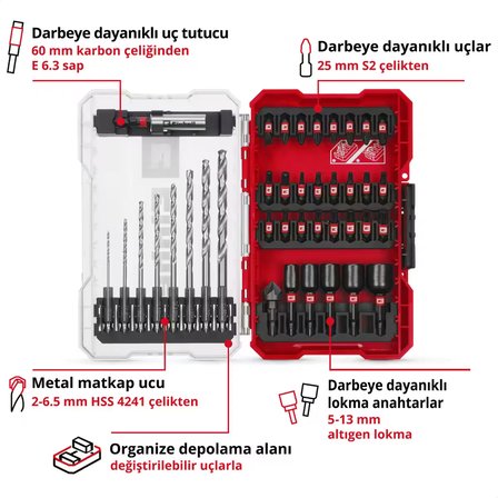 Orijinal Einhell M-CASE 39 parça darbeye dayanıklı bits seti (25 mm uçlar, metal matkap uçları, 60 mm uç tutucu, lokma ucu, havşa dahil saklama kutusu)- 49108773