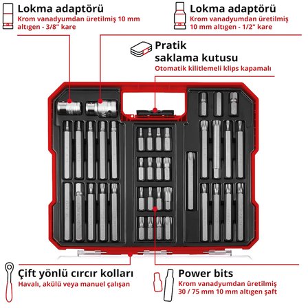 Orijinal Einhell XL-CASE Otomotiv Bit Seti – 40 Parça (10 mm Altıgen Saplı CrV Çelik Power Bitler, 10 mm Altıgen → 3/8" ve 1/2" Kare Lokma Adaptörleri, Saklama Kutusu Dahil) - 49109032