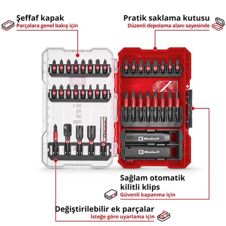 Orijinal Einhell M-CASE 39 Parça Vidalama Bits Uç ve Soket Seti (25 mm Bitler, 50 mm Bitler, Altı Köşe Lokmalar, Uzun Lokmalar, Lokma Adaptörü, 60 mm Bit Tutucu, Saklama Kutusu Dahil) - 49109220