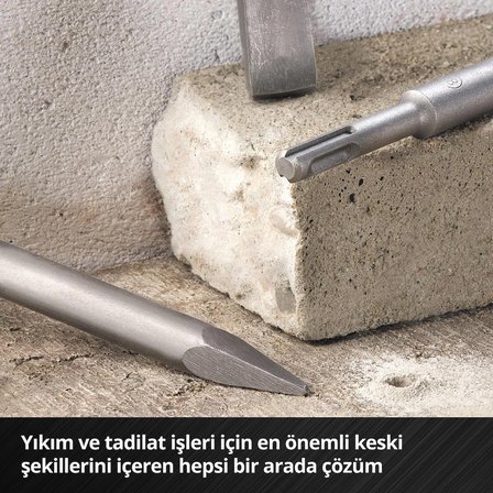 Orijinal Einhell 3 Parça SDS Plus Keski Seti, 250 mm (1x Sivri Keski, 20 mm Genişliğinde Düz Keski ve 40 mm Genişliğinde Spatula Keski; Yıkım ve Tadilat İşleri İçin Dayanıklı 40Cr Çelikten Üretilmiştir) - 49247200