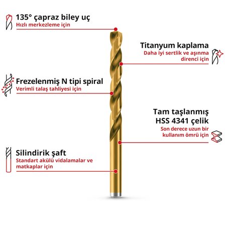Orijinal Einhell 19 Parçalı HSS-G Titanyum Metal Matkap Ucu Seti (Tamamen Taşlanmış HSS 4341 Çelik, Titanyum Kaplama, 135° Bölünmüş Uç, Frezelenmiş Tip N Spiral, Yuvarlak Şaft) - 49427019 