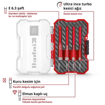 Orijinal Einhell XS-CASE 4 Parça Elmas Karo Matkap Ucu Seti (Kuru Kesim, 10 mm Elmas Kaplama, Parafin Dolgu, Süper İnce Turbo Kesici Kenar, E 6.3 Sap) - 49500404