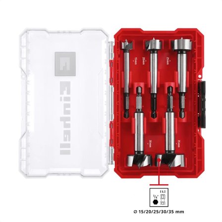 Orijinal Einhell M-CASE 5 parça Forstner delme ucu seti (C65 çelikten üretilmiş, E 6.3 şaftlı, çapraz kesici ağız, merkezleme ucu, konik uç yapısı, 4 kenarlı kapalı kesici ağız ve saklama kutusu dahil) - 49706003