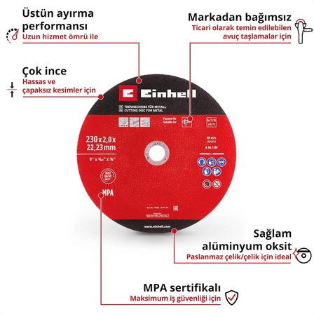 Orijinal Einhell 3 Parça İnce Metal Kesme Diski Seti, Ø 230 mm (2 mm Kalınlık, MPA Sertifikalı, Uzun Ömürlü, Hassas ve Düşük Çapaklı Kesimler Avuç Taşlamalar için) - 49711523
