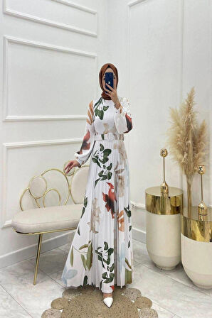 Desenli Likrali Saten Tesettür Elbise