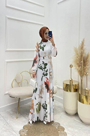 Desenli Likrali Saten Tesettür Elbise