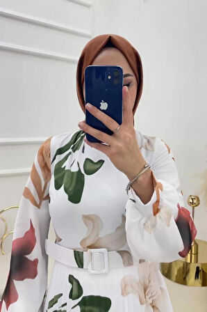 Desenli Likrali Saten Tesettür Elbise