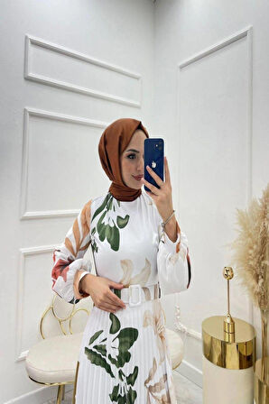 Desenli Likrali Saten Tesettür Elbise