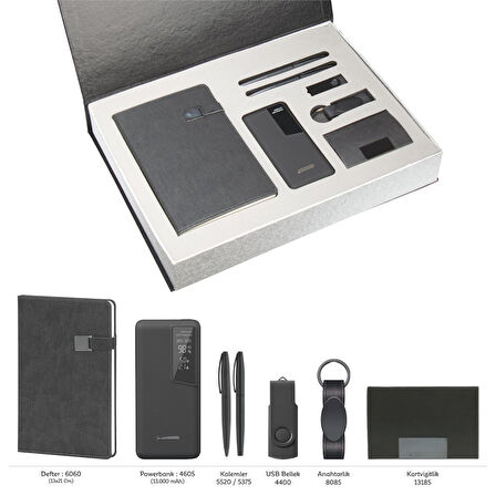 VIP Hediyelik Set - Powerbank, Defter, Kalem, USB Bellek, Anahtar ve Kartvizitlik - (6’lı Kurum Set)