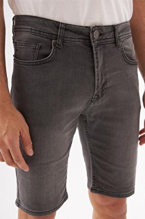 Erkek Yıpratmalı Slim Fit Likralı  Kot Jean Şort  Antrasit