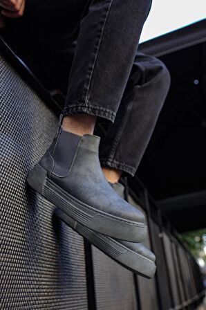 Bpm CH069 Küt Burun Kısa Topuk Bağcıksız Su Geçirmez Günlük Gri Klasik Bot Suni Deri