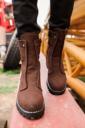 Bpm CH027 Yuvarlak Burun Orta Topuk Bağcıksız Soğuk Havaya Dayanıklı Günlük Kahverengi Klasik Bot Süet