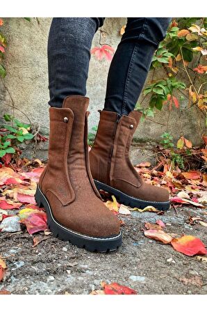 Bpm CH027 Yuvarlak Burun Orta Topuk Bağcıksız Soğuk Havaya Dayanıklı Günlük Kahverengi Klasik Bot Süet