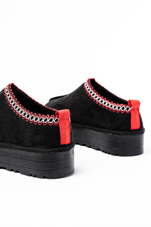 NDR-2888 Siyah Süet İçi Kürklü Kışlık Kapalı Burun Kadın Günlük Terlik 