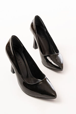 ST-001 Siyah Rugan Günlük 9 cm Topuklu kadin Stiletto Ayakkabı  