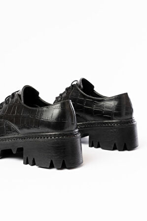 868-754 Siyah Kroko Bağcıklı Günlük Yüksek Tabanlı Loafer Ayakkabı 
