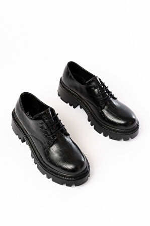 868-754 Siyah Kroko Bağcıklı Günlük Yüksek Tabanlı Loafer Ayakkabı 