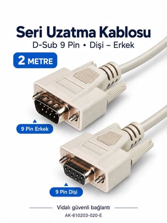 Digitus 2 Metre 9 Pin Dişi–Erkek D-Sub RS232 Seri Veri Uzatma Kablosu – AK-610203-020-E