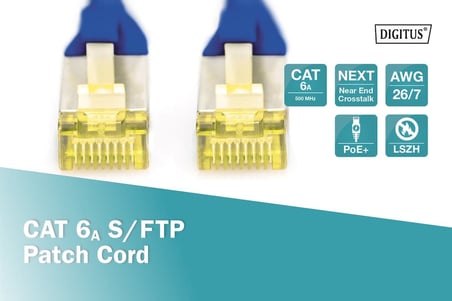 CAT 6A S-FTP bağlantı kablosu, bakır, LSZH AWG 26/7, uzunluk 50 CM, mavi renk
