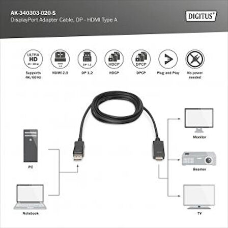 DIGITUS DisplayPort Adaptör Kablosu, DP - HDMI A Tip 