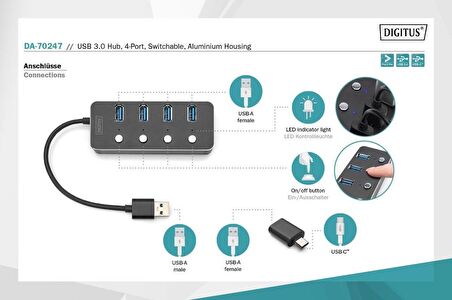 DIGITUS DA-70247 4'LÜ USB3.0 HUB,ALÜMİNYUM