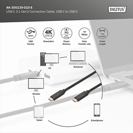 2 Metre Digitus Şarj Görüntü Ses 4K Type-C to Type-C Kablo 10Gbps 5A
