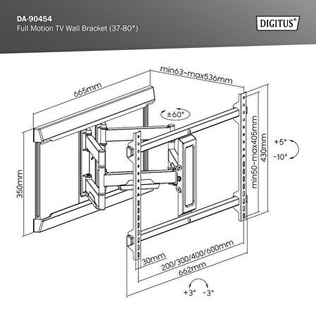 Tam hareketli TV duvar tutucusu 37-80", 60 kg Taşıma Kapasitesi