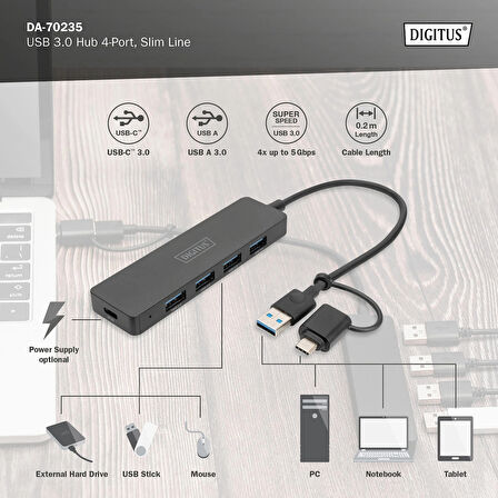 DIGITUS USB 3.0 Hub, 4 port, Slim Line