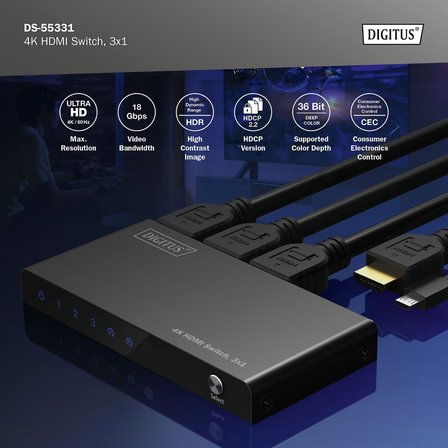 Digitus 3x1 HDMI Switch, 4K/60Hz HDCP 2.2 Kumandalı Geçiş Kontrolü